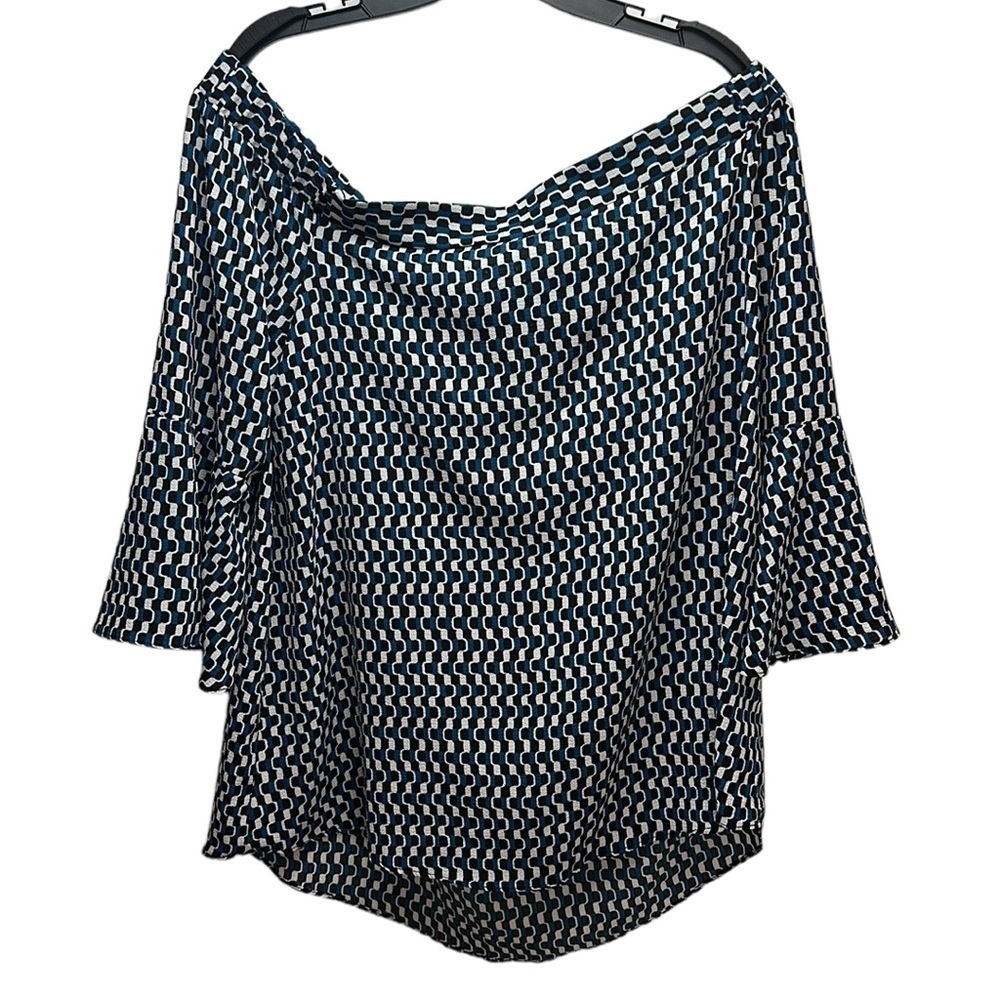 NY Collection Off The Shoulder Geometric Print‎ Blouse Top Bell Sleeve Large